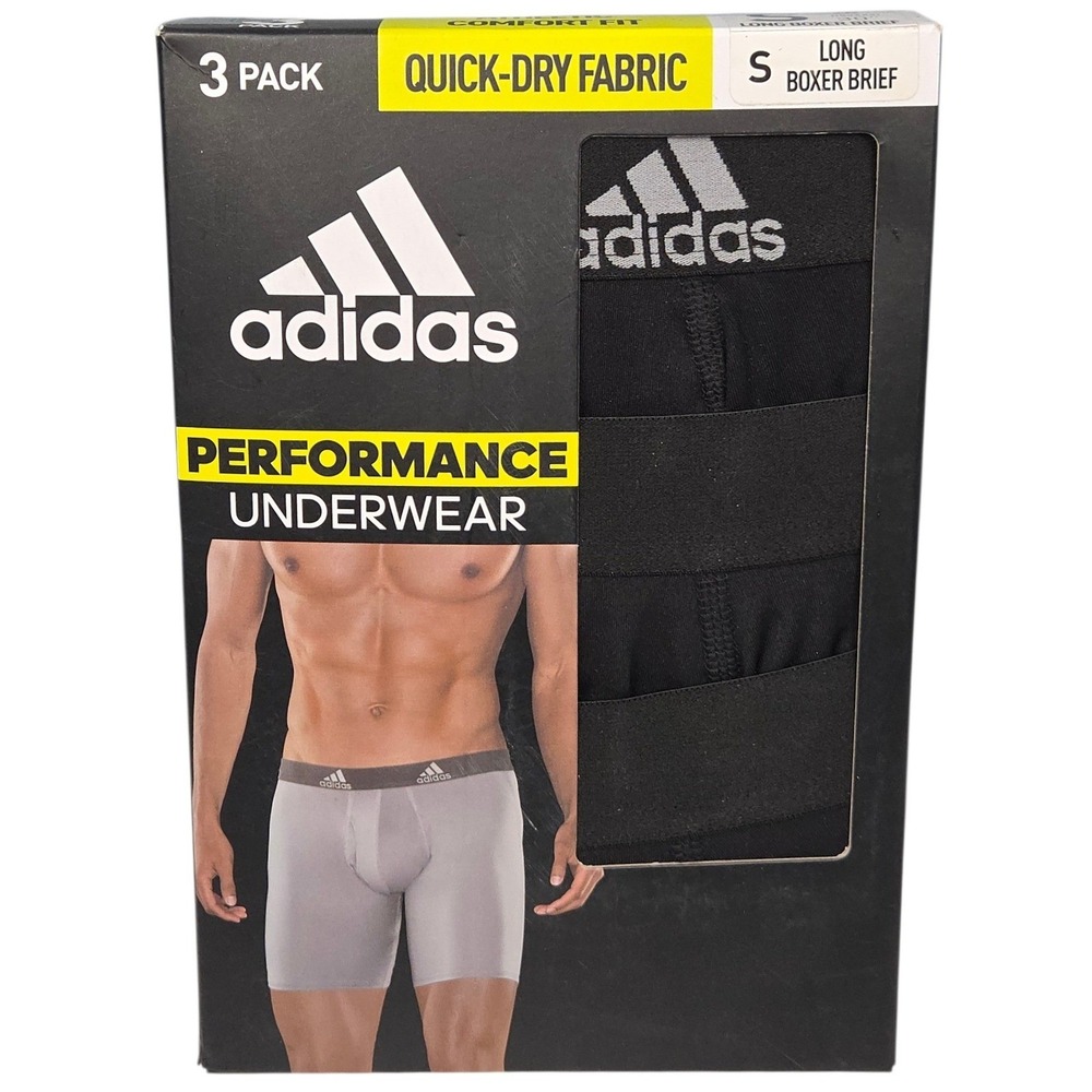 Adidas Performance Long Boxer Briefs Mens 3 Pack Small (28-30) Black 9" Inseam